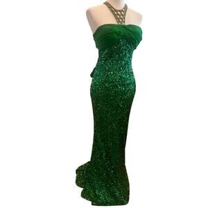 SCALA 100% SILK TOP SEQUINED BEADED NECK FLOOR LENGTH GREEN GOWN WOMENS SIZE 5